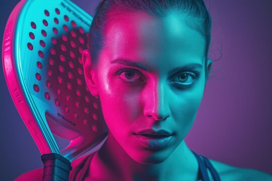 Confident woman ready to play padel in neon light shows vibrant energy and determination for the game