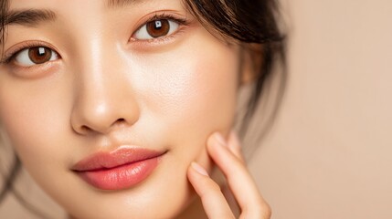 Fototapeta premium Portrait of a radiant woman touching her face