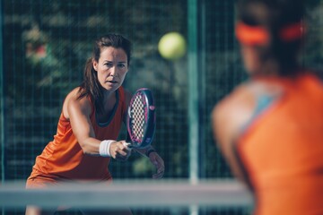 Determined woman playing padel tennis match with power and focus on outdoor court with natural sunlight