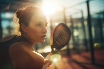 Focused sporty woman ready for intense paddle tennis match in warm sunshine at the court outdoors
