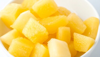 Pineapple Chunks in Bowl, Isolated on White Background