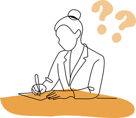 Minimalist line art illustration of a woman writing on paper with warm golden orange accents and question marks, symbolizing thinking, planning, or problem-solving.