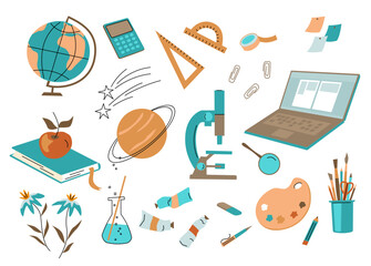 Set of school-related vector illustrations: globe, microscope, laptop, books, stationery, art tools, and science elements in a colorful, flat style.