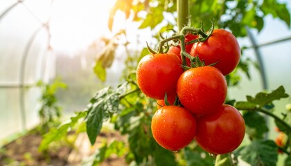 Ripe Tomatoes Growing on Vine in Greenhouse with Sunlight