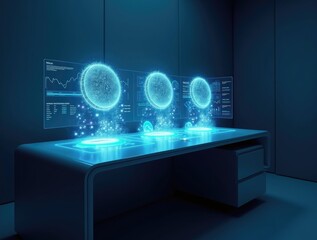 Futuristic office desk with glowing AI holograms and data charts.