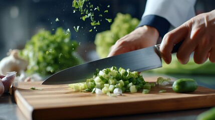 A cinematic shot of a person cutting vegetables with a large chef's knife, with a sense of focus and control