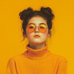 Stylish Young Woman with Orange Sunglasses and Sweater Posing Against a Yellow Backdrop made with generative AI