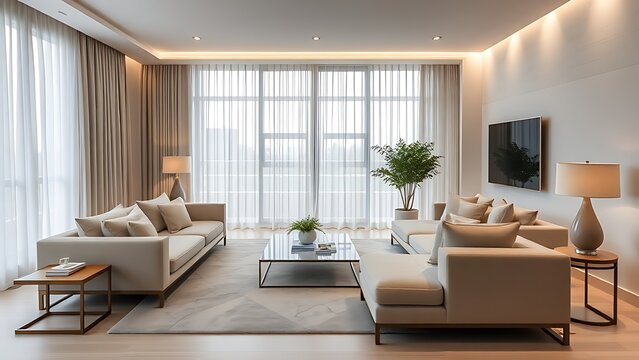 Contemporary living space with streamlined furniture and a neutral color palette under soft lighting.