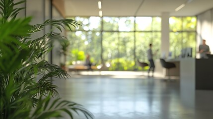 A bright office space with a large plant in the foreground and people working in the background view