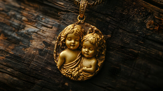 dije de oro o medalla colgando con un collar elegante medalla con la imagen de relieve de un par de angelitos religiosos sobre un fondo de madera con espacio de copia 