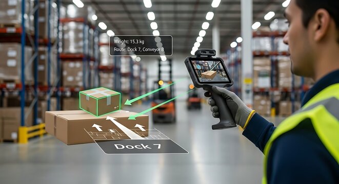 Worker utilizing augmented reality to manage logistics in a modern warehouse setting with
