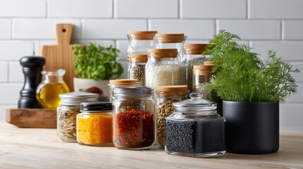A kitchen with an organized pantry, with jars of ingredients, spices, and a clean, satisfying feel