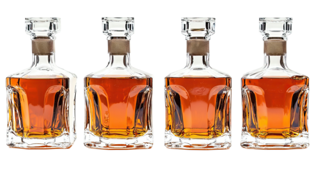 Crystal whiskey decanters filled with amber liquor in a row. Transparent glass bottles with elegant stoppers isolated on black background. Luxury alcohol container for bar and beverage design.