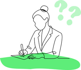 Minimalist line art illustration of a woman writing on paper, with question marks above her head, symbolizing thinking, planning, or problem-solving.