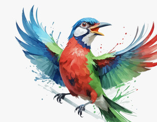  The artwork has a watercolor or paint-splatter style, with splotches of green paint around the lower part of the bird. The parrot's body is primarily green, with a red neck and chest, and a bright re