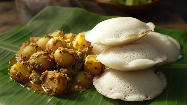 Authentic south indian appam and potato curry served on a fresh banana leaf
