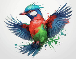 Obraz premium The artwork has a watercolor or paint-splatter style, with splotches of green paint around the lower part of the bird. The parrot's body is primarily green, with a red neck and chest, and a bright re