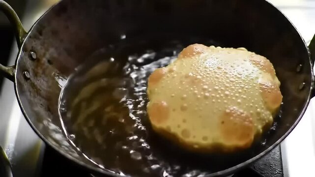 Close up of indian puri being deep fried in hot oil for traditional cooking