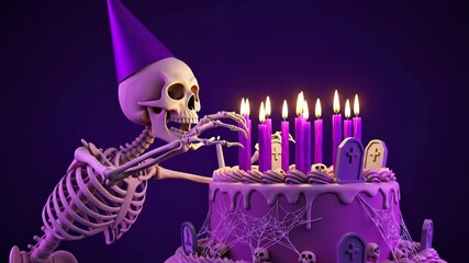 Skeleton wearing purple witch hat blowing birthday cake candles magical celebration. Halloween birthday party festive concept. Halloween services birthday party entertainment banner - Powered by Adobe