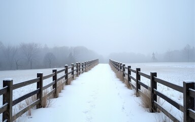 Snowy Path Between Wooden Fences in a Winter Field. High quality