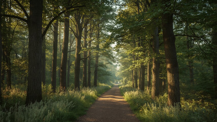 Fototapeta premium Tranquil Path Through a Misty Green Forest at Dawn, Showcasing Natural Beauty and a Sense of Peaceful Escape