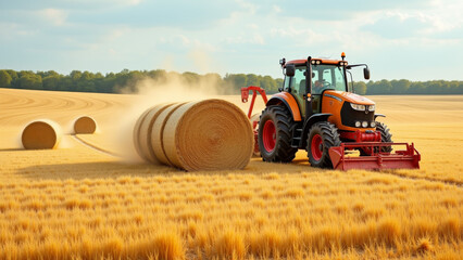 Fototapeta premium Tractor rolling large round hay bales in field