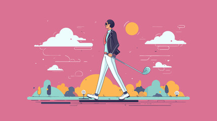 Fototapeta premium Flat vector illustration of a businessman focused playing golf.