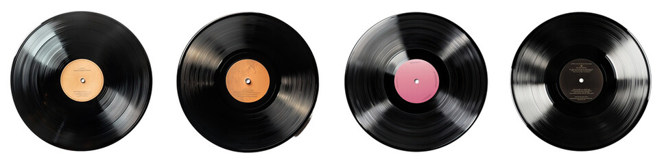 Obraz premium Black vinyl records with colored center labels isolated on white background. Classic music albums in round LP format showing grooves and reflections.