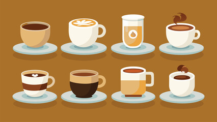 Eight different coffee drinks in cups on saucers flat illustration espresso latte