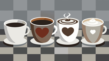 Four coffee cups with hearts and steam on checkered background drink beverage