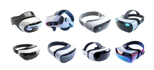 Set of modern virtual reality headsets with sleek designs and adjustable straps. Various VR goggles with black, white, and reflective surfaces isolated on transparent background.