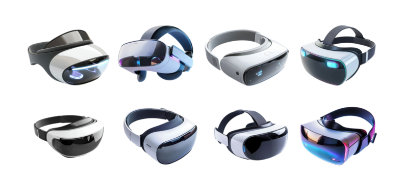 Set of modern virtual reality headsets with sleek designs and adjustable straps. Various VR goggles with black, white, and reflective surfaces isolated on transparent background.