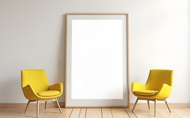 Minimalist interior with blank poster mockup, yellow chairs and creative layout for product display on wooden floor backdrop in clean modern space. 3D Rendering. High quality