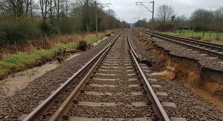 Fototapeta premium Railway track damage after flooding with water and debris showing erosion and unsafe train travel conditions