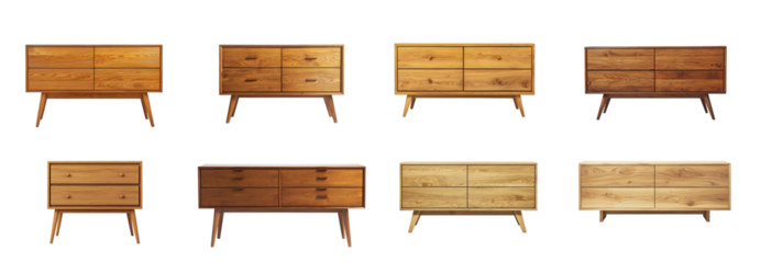 Collection of mid century modern wooden dressers with varied drawer handles. Different shades of polished wood furniture with angled legs isolated on black background.