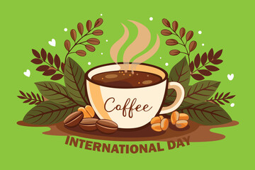 Steaming cup of coffee with beans and leaves on green background drink beverage