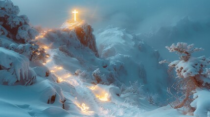 Glowing cross atop snowy mountain peak with fog and light illuminating a path in a winter landscape