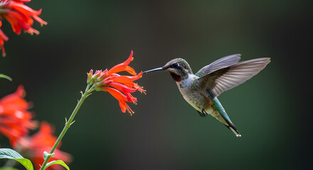 Fototapeta premium Hummingbird in flight approaching a vibrant red flower in a natural setting
