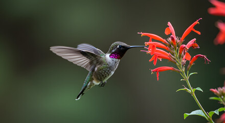 Fototapeta premium Hummingbird Feeding on the Nectar of Vibrant Red Flowers in a Natural Setting