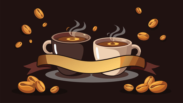 Two steaming coffee cups with golden ribbon and scattered coffee beans hot drink - Powered by Adobe