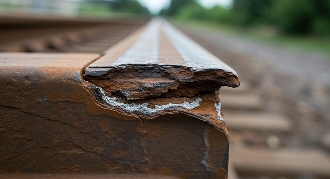 Close up of rusted train tracks railway railroad metal corrosion transportation infrastructure safety concern