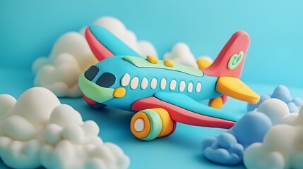Colorful Clay Airplane Flying Through Fluffy White Clouds In Blue Sky