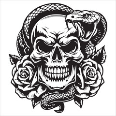 Skull with Snake and Roses Illustration