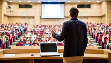 Rear view of speaker addressing large audience in auditorium