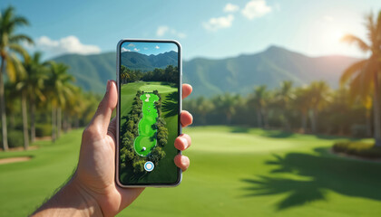Golfer uses mobile phone with GPS app on golf course to analyze fairway and plan strategy. Technology enhances game performance for player competing in tournament. Sunny day on green with palm trees.