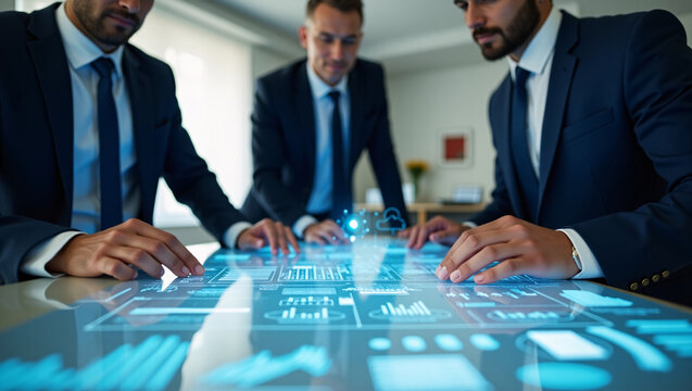 Three men in suits work on a digital table with glowing data charts.