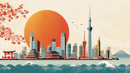 Obraz premium Illustrative Cityscape with Landmarks and Sunset in Japan