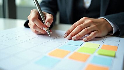 Hands write on a planner with colorful sticky notes.
