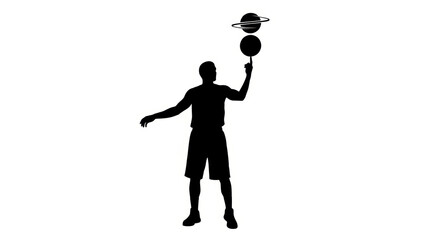 Black silhouette of a man spinning a basketball and a planet on his finger displaying skill and
