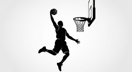 Dynamic basketball player silhouette executing slam dunk action near hoop minimalism
